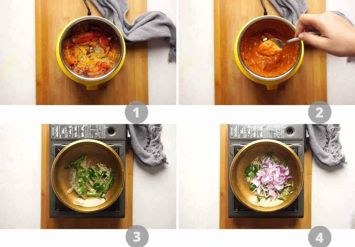 Step-by-step picture collage showing how to make Raw Mango Fish Curry