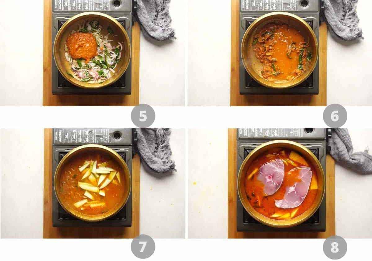 Step-by-step picture collage showing how to make Raw Mango Fish Curry