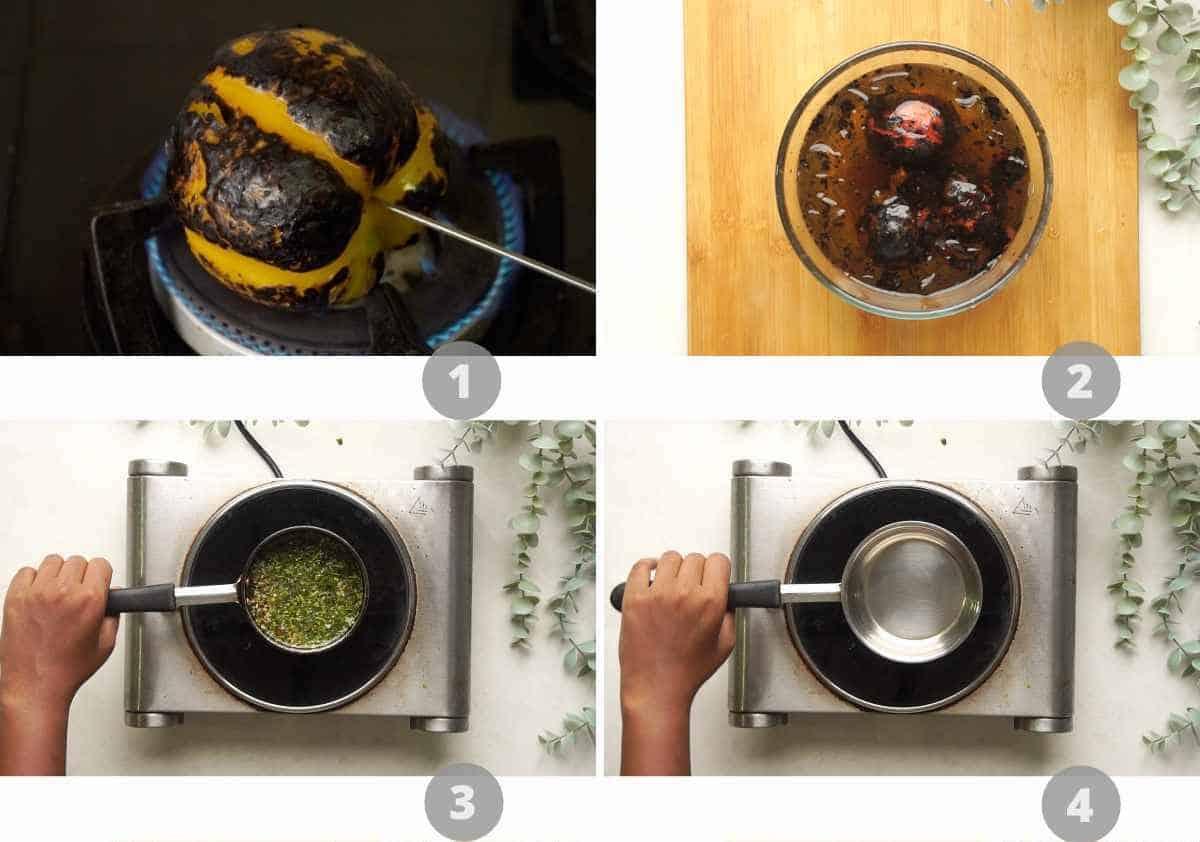 step by step image collage showing how to make roasted tomato salsa