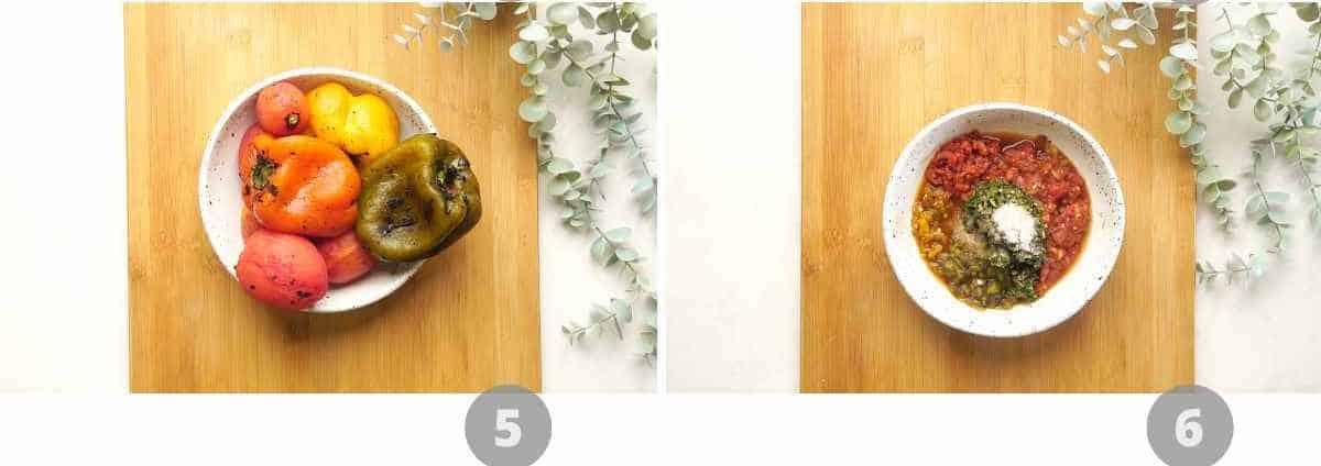 Step by step picture collage showing how to make roasted tomato salsa