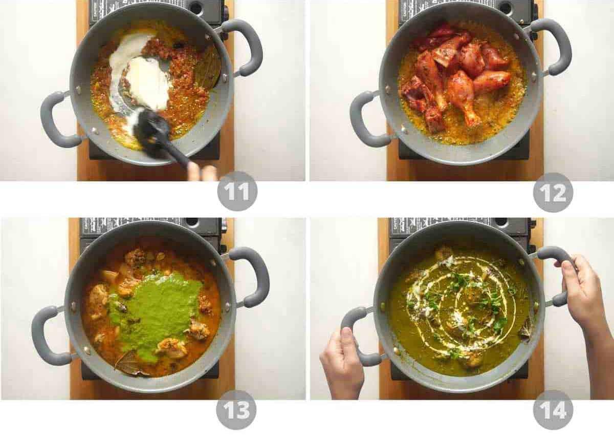 Step by step picture collage showing how to make saag chicken