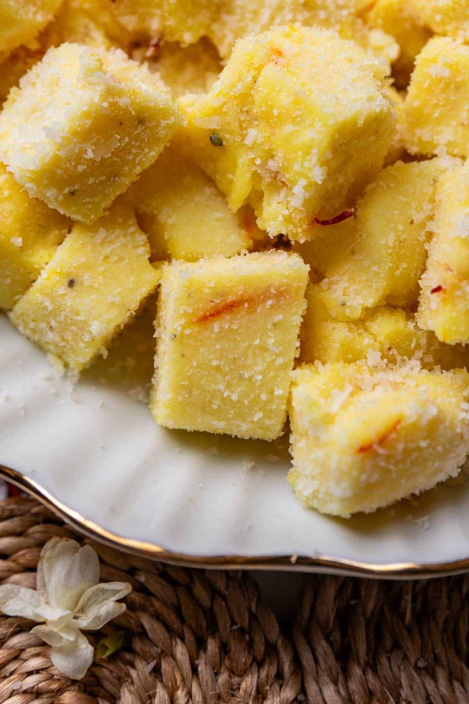 close up of saffron milk pudding bites
