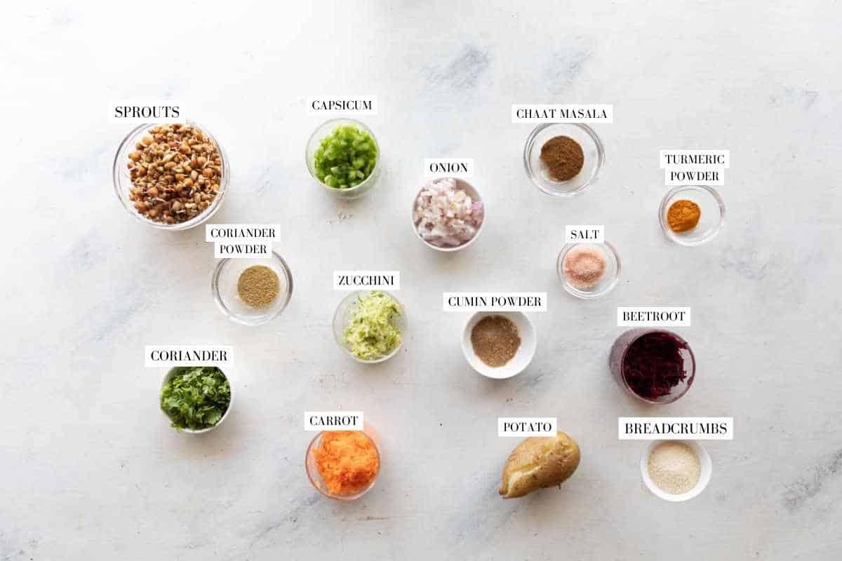 Picture of all the ingredients for Sprouts Cutlet with text to identify them