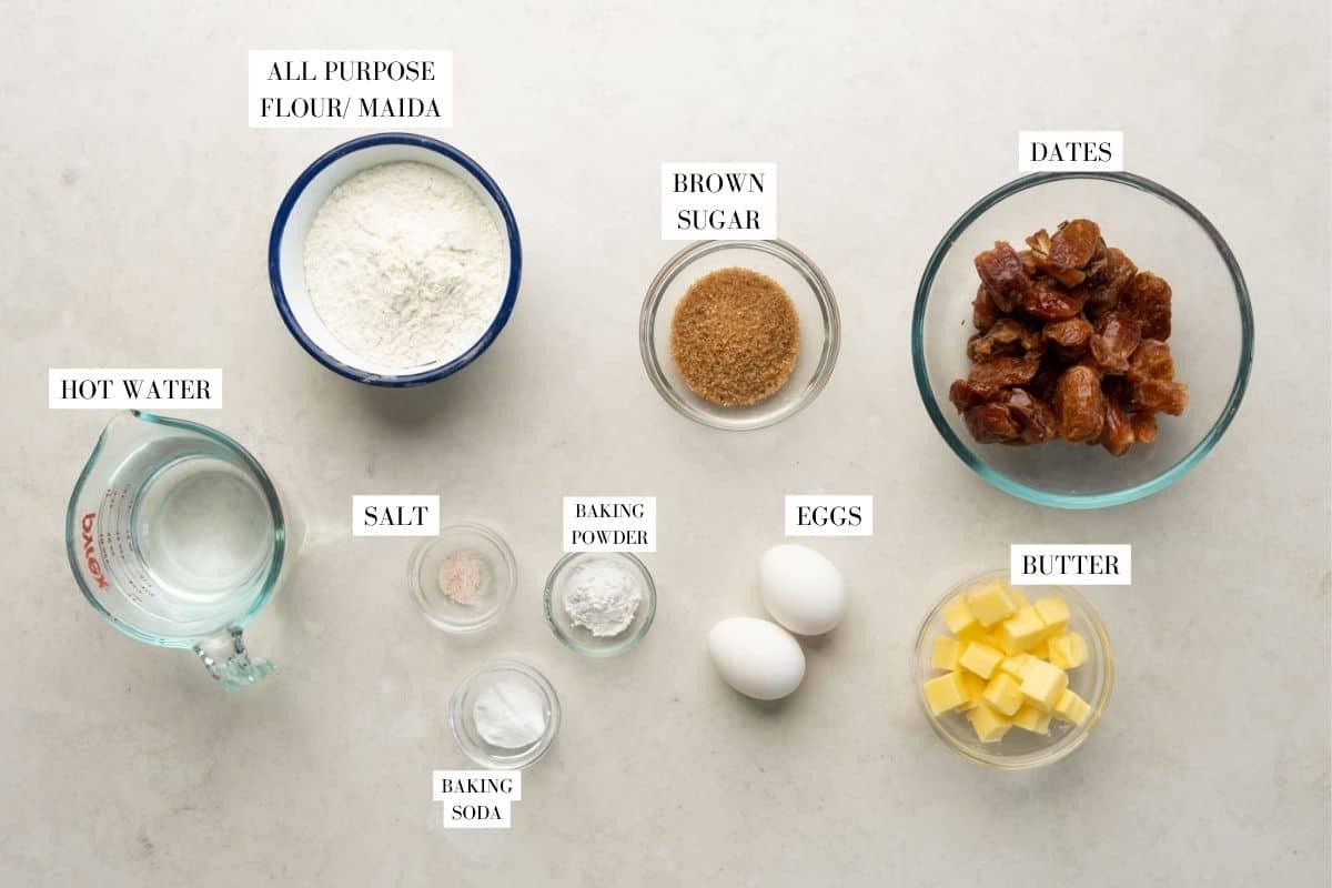 Picture of all the ingredients required for the cake with text to identify them