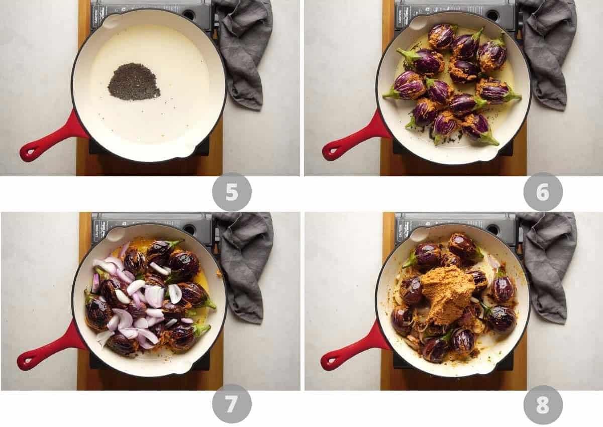 Step by step picture collage showing how to make stuffed brinjal curry
