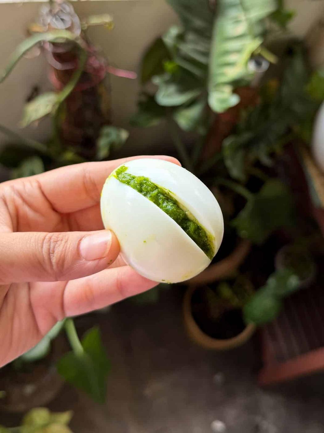 a person holding a stuffed egg to showcase it's texture