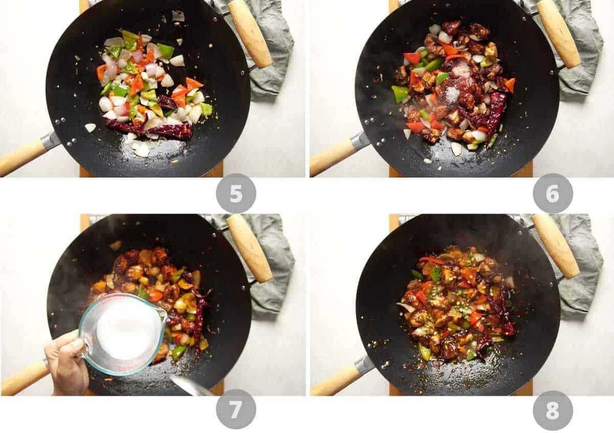 Step by step picture collage showing how to make szechuan chicken