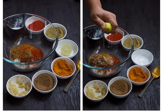 image collage showing prawns being marinated