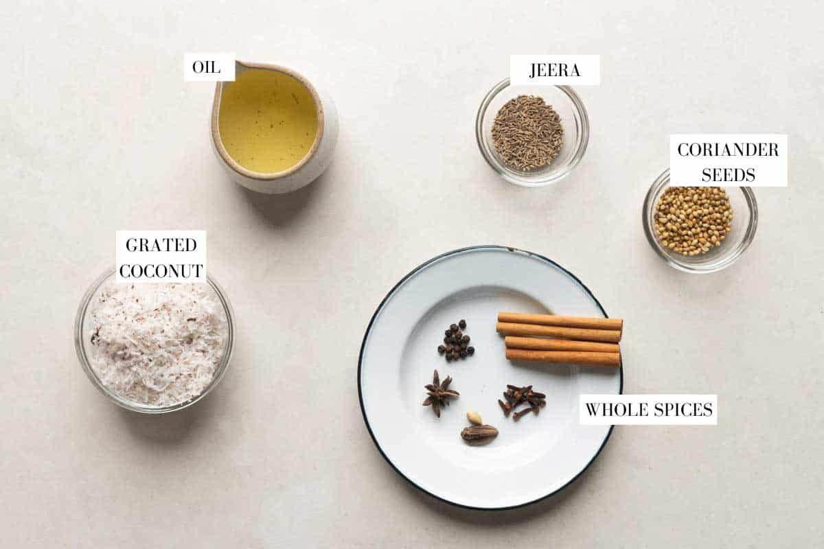 Picture of ingredients for Kolhapuri masala with text