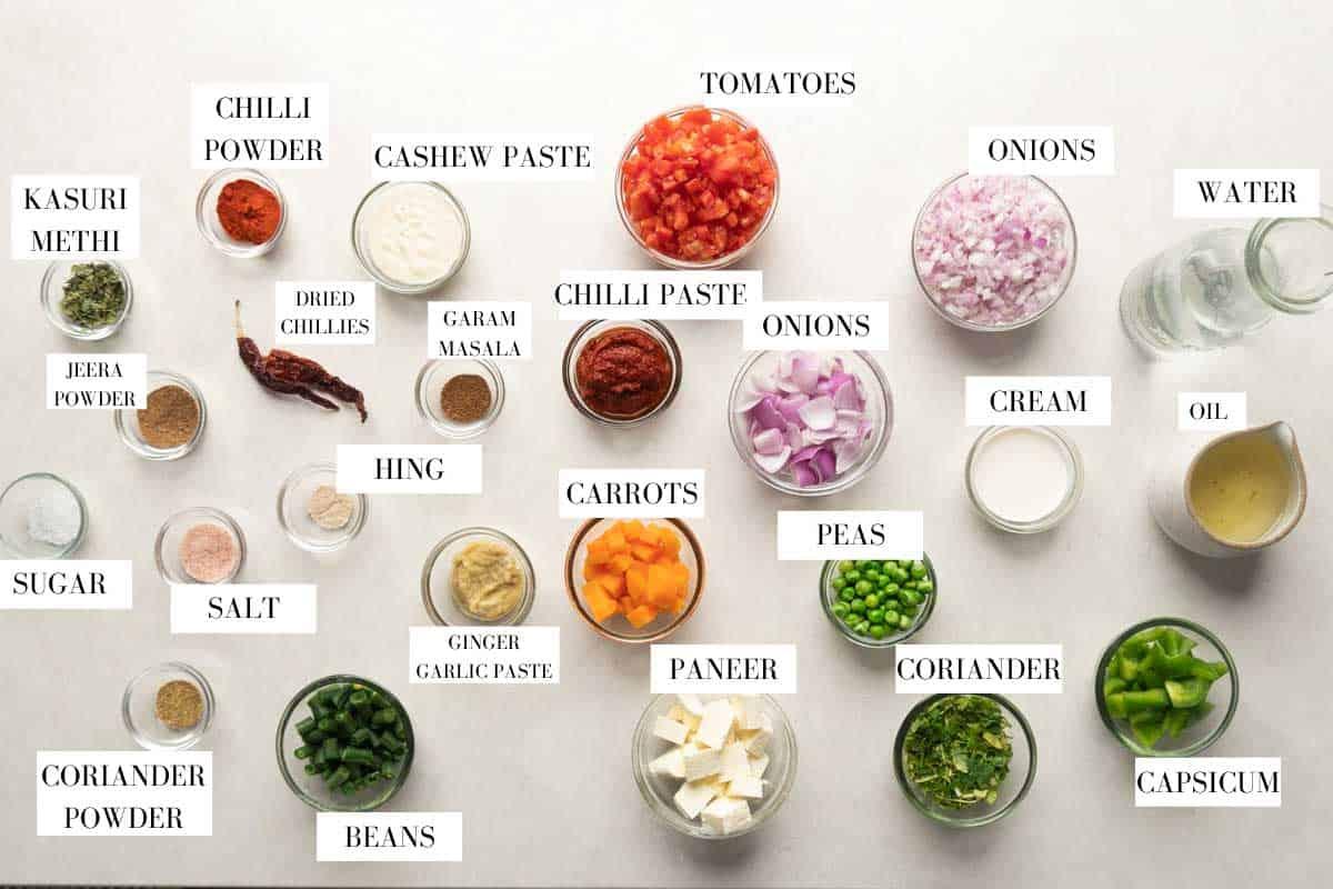 Picture of ingredients for veg Kolhapuri with text