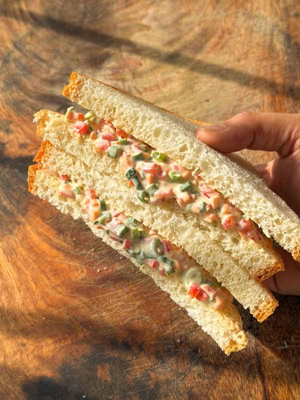 a veg sandwich made using the homemade veg mayonnaise