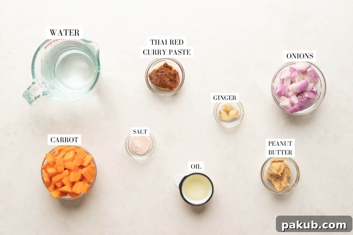 A visual guide showing all the fresh ingredients required to make a delicious Thai Ginger Carrot Soup, neatly arranged with labels.
