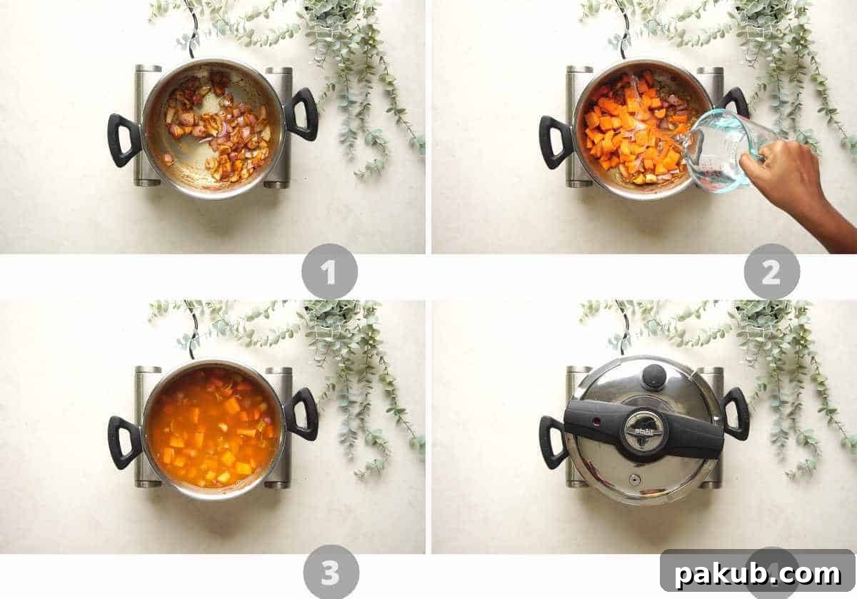 Step-by-step picture collage demonstrating the initial stages of preparing Thai Ginger Carrot Soup, including sautéing and adding vegetables.