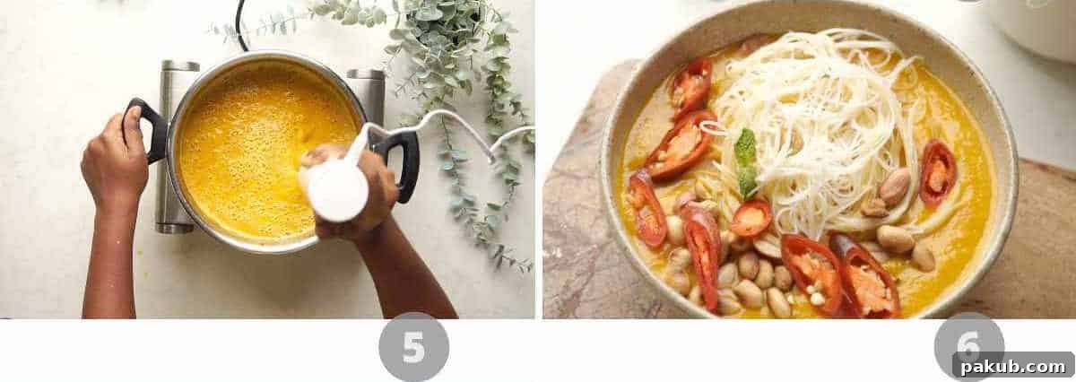 Step-by-step picture collage illustrating the final steps of making Thai Ginger Carrot Soup, focusing on blending and garnishing.