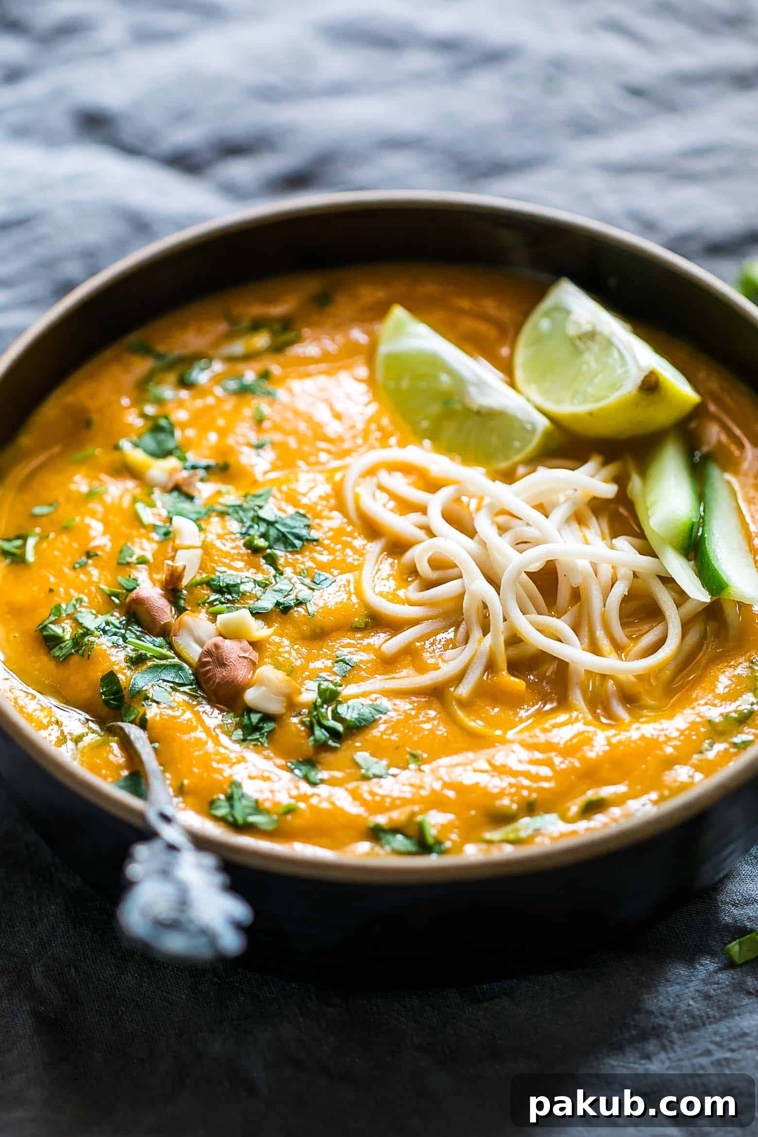 A beautifully presented bowl of Thai Ginger Carrot Soup, rich in flavor and creamy texture, served as a comforting and healthy meal option.