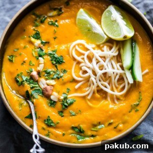 Thai Ginger Carrot Soup garnished with lemon, crushed peanuts, noodles and cilantro and served in a black bowl.