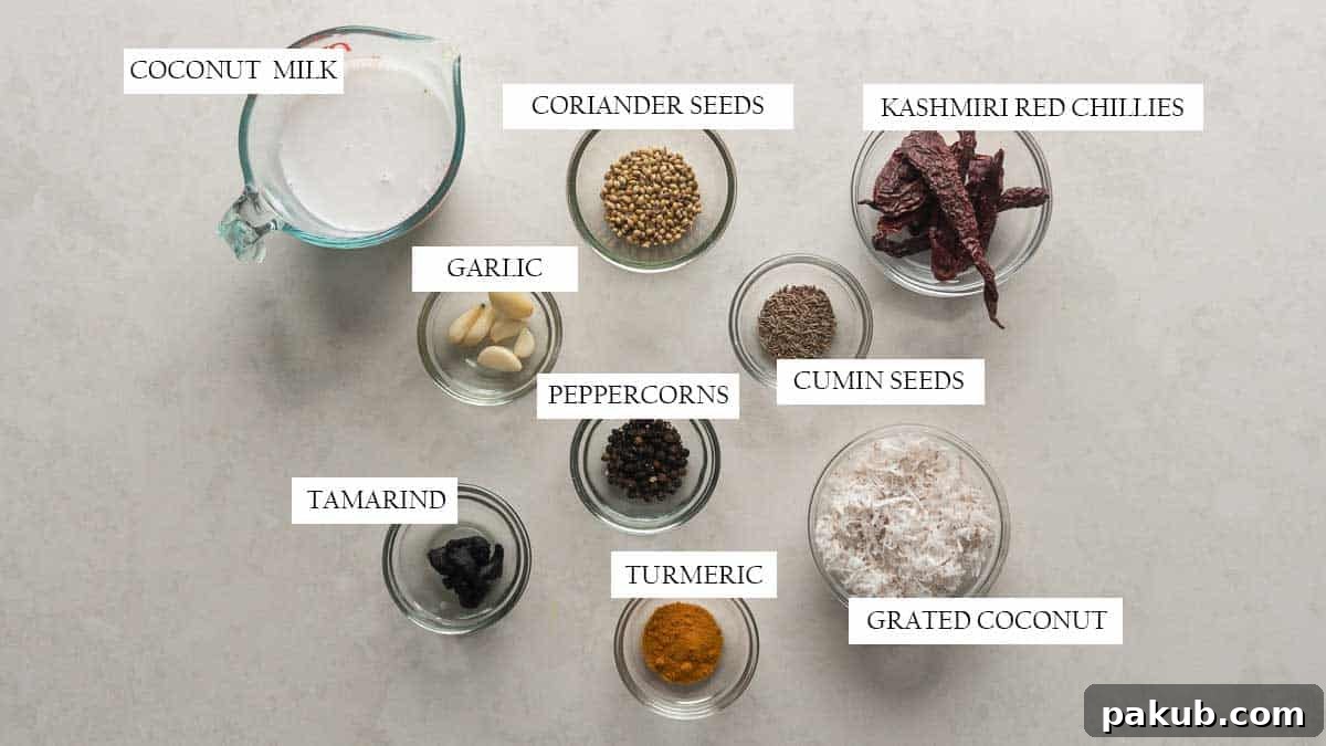 Sun-Kissed Goan Prawn and Coconut Curry 3 Ingredients for the prawn curry ground masala paste pictured on a white background with text to identify them