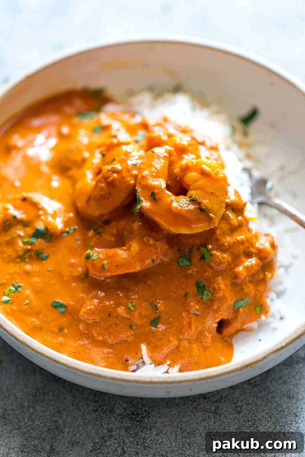 Sun-Kissed Goan Prawn and Coconut Curry 8 Goan prawn curry ladled over steamed rice and served in a white bowl with a fork on the side