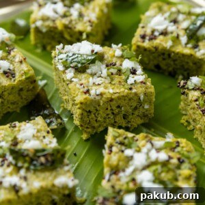 Close up of sprouts dhokla garnished with tempering and served on a leaf platter