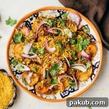 Easy Aloo Chaat - Delhi style served on a plate with sev on the side