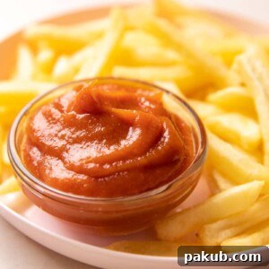 A bowl of ketchup placed on a plate with French fries