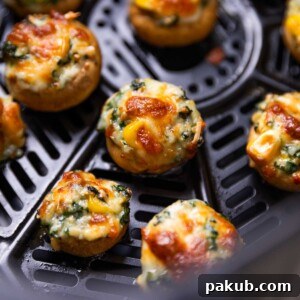 Freshly baked air fryer stuffed mushrooms lined up, showcasing their golden-brown finish