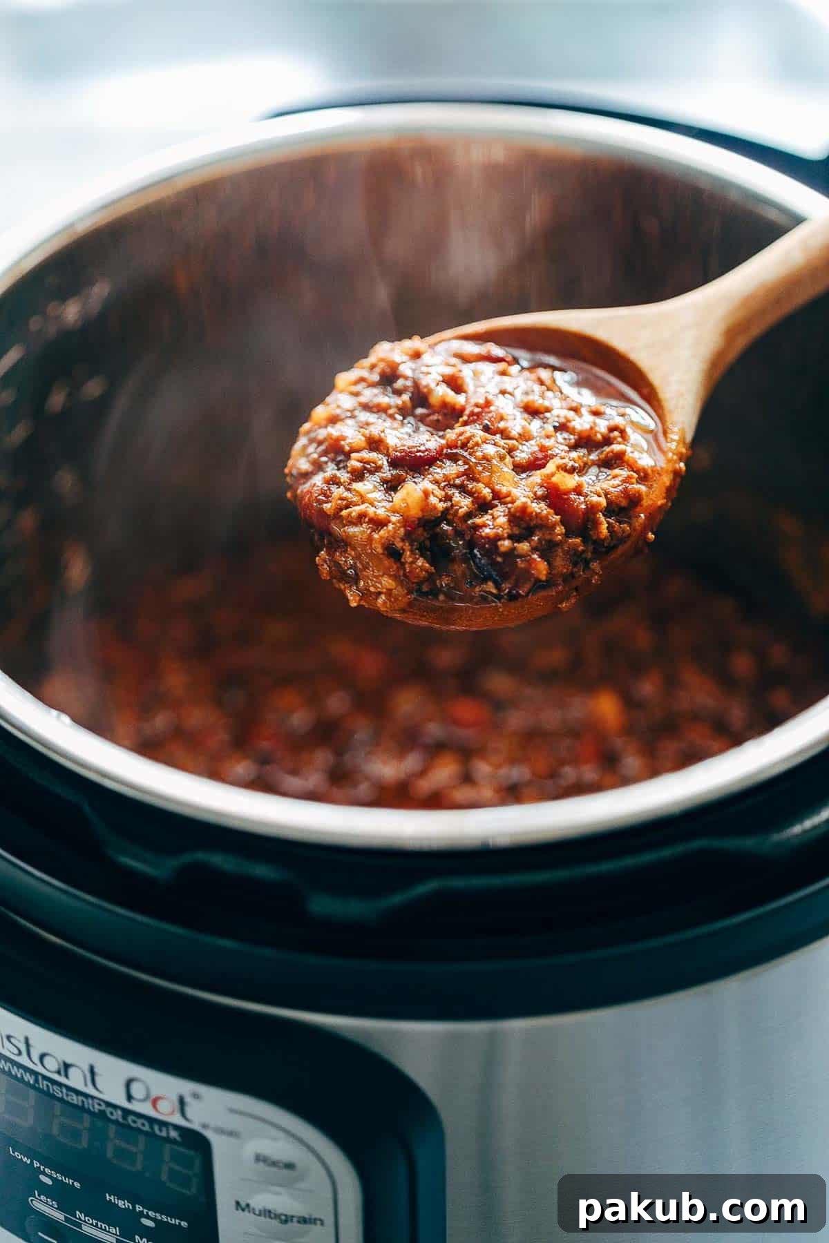 Close-up of Instant Pot Chipotle Chili, showcasing its thick, rich texture with kidney beans and ground beef.