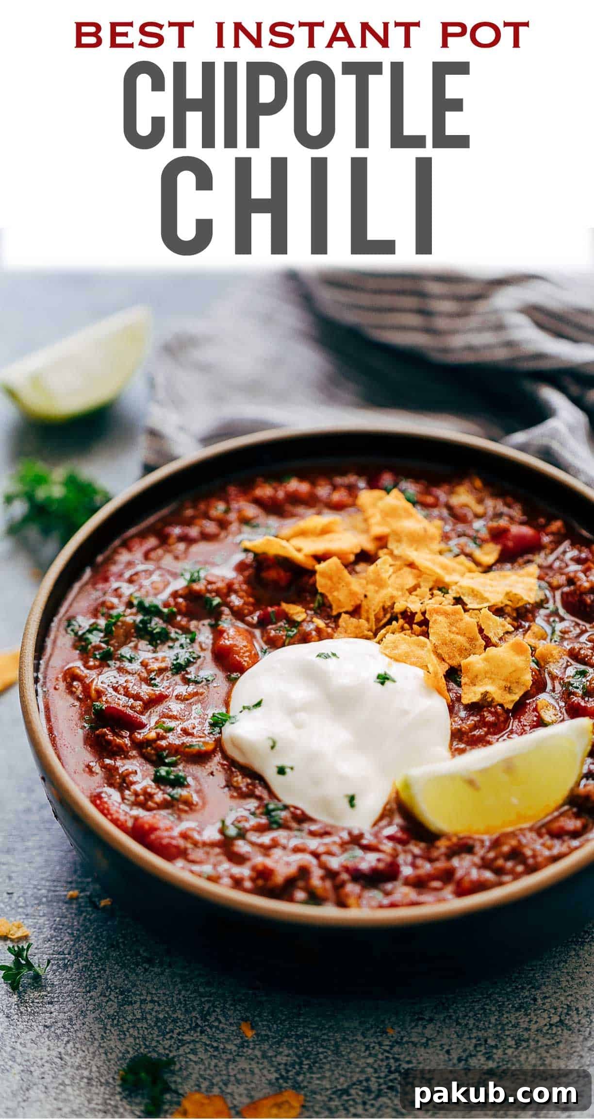Delicious Instant Pot Chipotle Chili recipe, a quick and easy one-pot meal. Spicy, smoky, made with ground beef and kidney beans, perfect for a cozy family dinner. Pin this comfort food recipe!