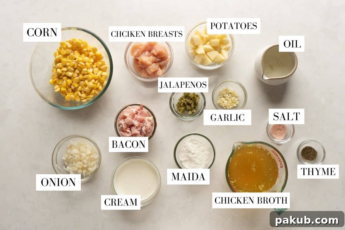 Picture of ingredients required for IP Chicken Potato Corn Chowder with text to identify them