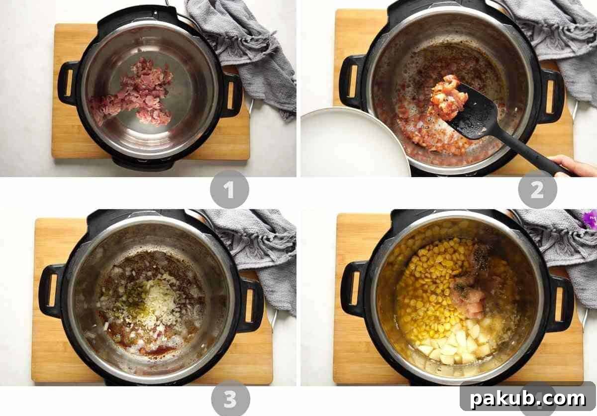 step by step picture collage showing how to make chicken potato corn chowder in the instant pot 
