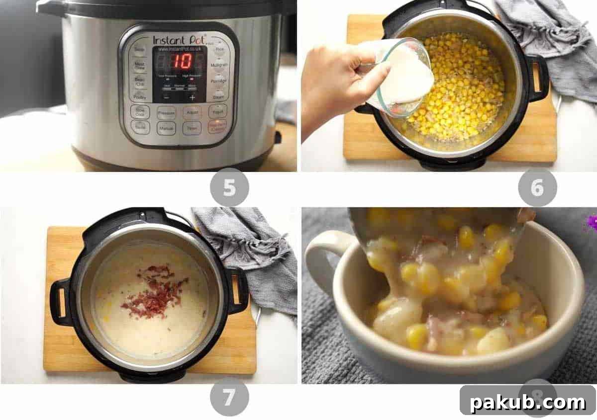 step by step picture collage showing how to make chicken potato corn chowder in the instant pot
