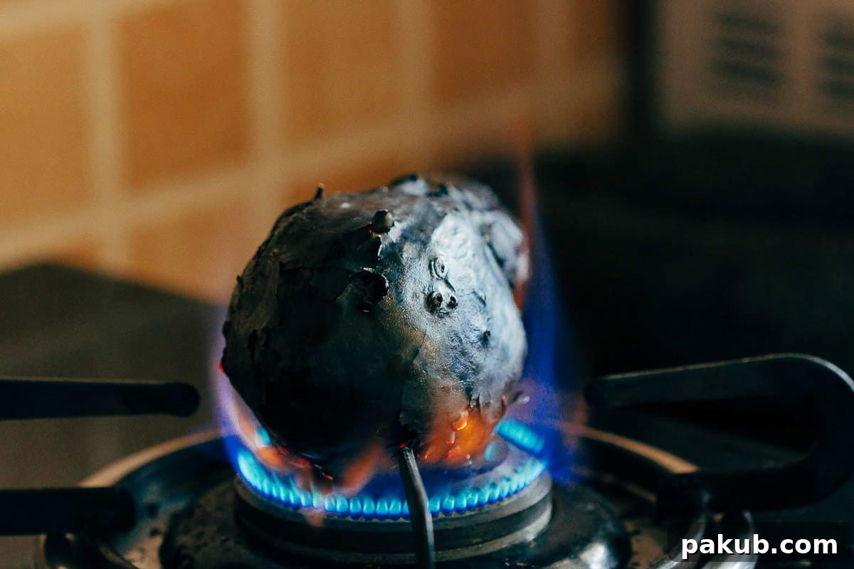 Detailed image showcasing the process of roasting a large eggplant on an open gas flame. The skin is visibly charring and blistering, a crucial step for infusing the Baingan Bharta with its signature smoky flavor.