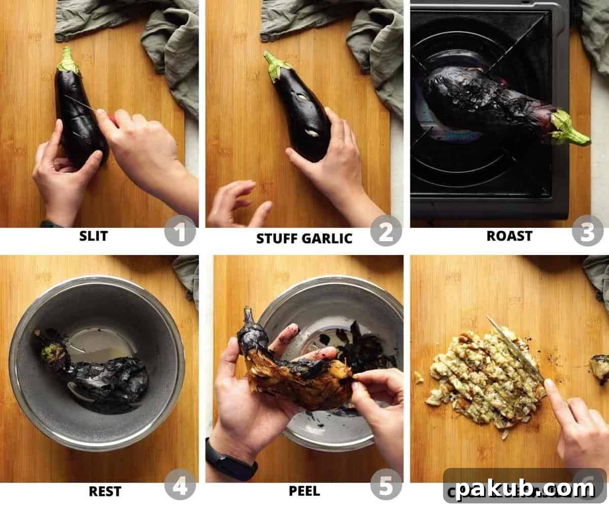 A sequential visual guide demonstrating the critical steps of roasting an eggplant. The images show a raw eggplant, then the eggplant being slowly turned over a gas flame as its skin chars and blackens, signifying readiness for Baingan Bharta preparation.