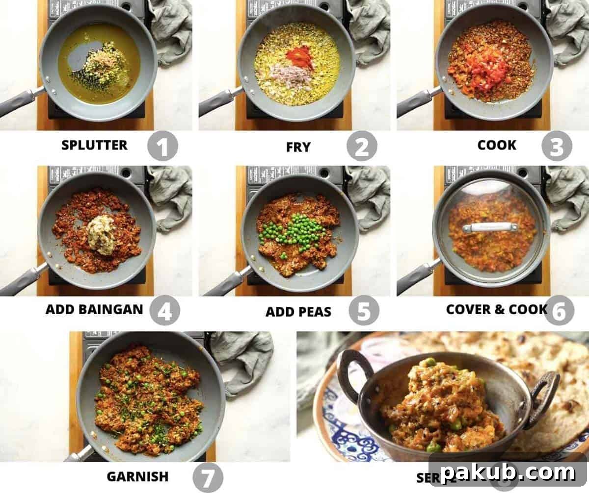 A vibrant sequence of images detailing the Baingan Bharta cooking process. It shows finely chopped onions, ginger, garlic, and chilies sautéing, followed by tomatoes and spices, and finally the roasted, mashed eggplant being combined to create the flavorful stir-fry.