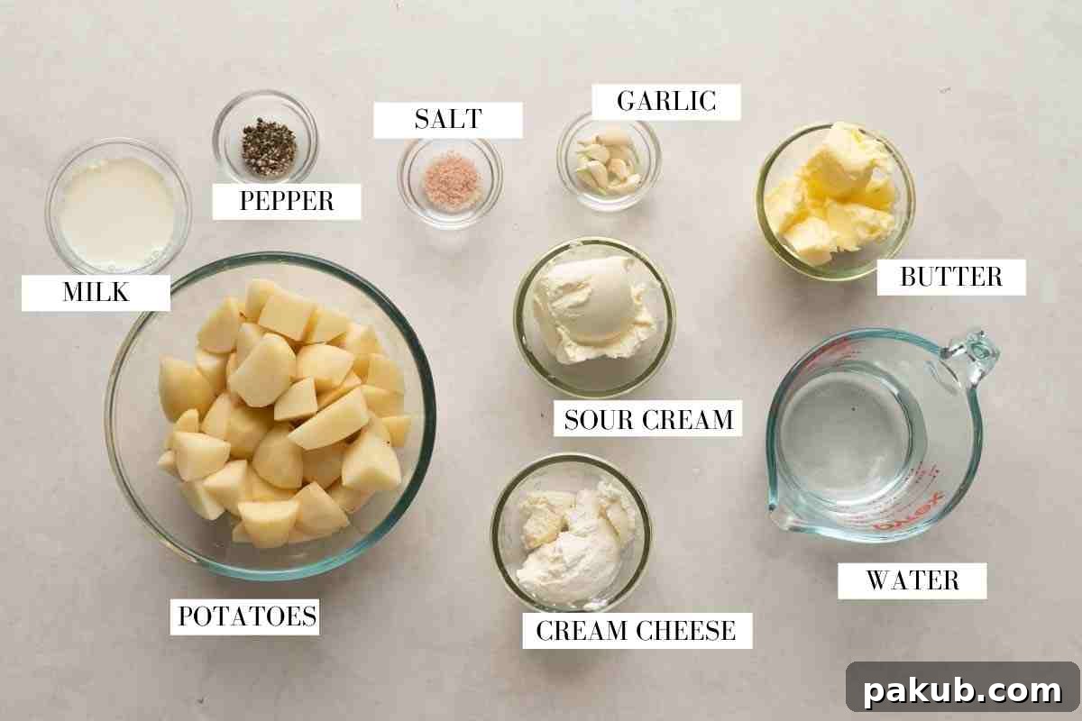 A visual guide displaying all the essential ingredients for making Instant Pot Garlic Mashed Potatoes, neatly arranged and labeled.