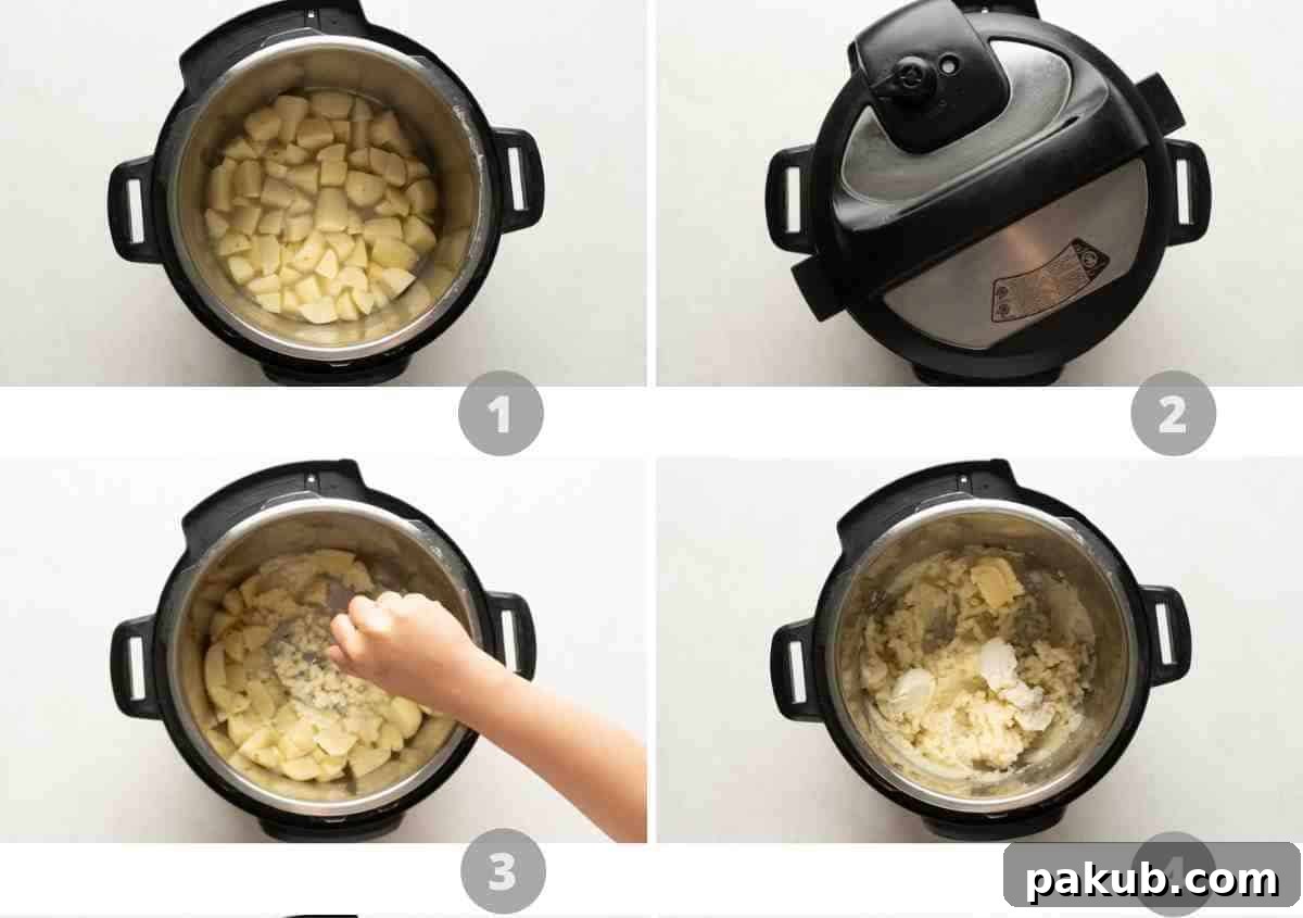 A step-by-step photo collage illustrating the initial stages of preparing mashed potatoes in an Instant Pot, from adding ingredients to sealing.