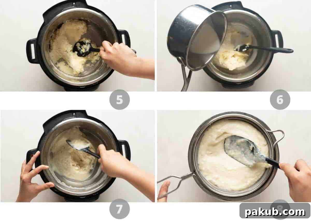 A step-by-step photo collage illustrating the final stages of preparing mashed potatoes in an Instant Pot, showing the addition of dairy and mashing.