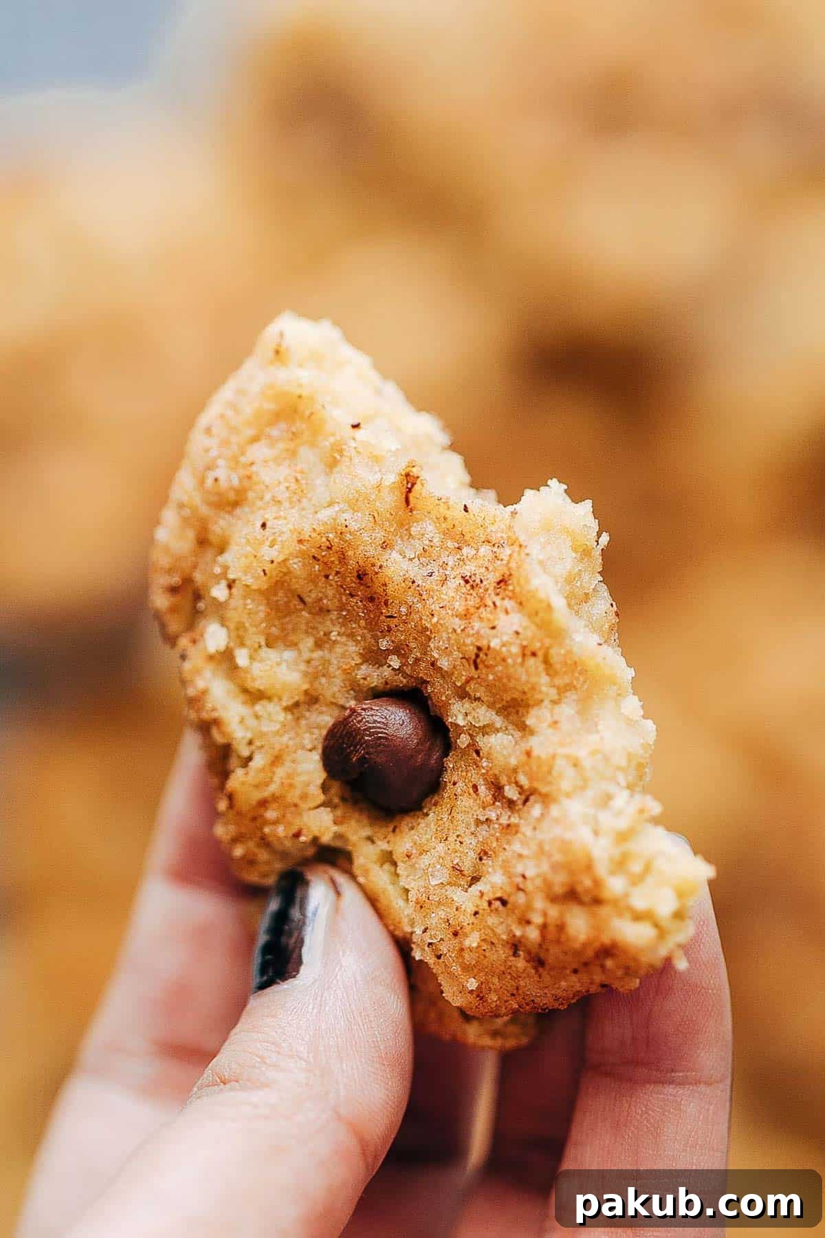 A close-up shot of a bitten Pumpkin Snickerdoodle Cookie, revealing its soft, chewy interior with melted chocolate and peanut butter chips, demonstrating its perfect texture without cream of tartar.