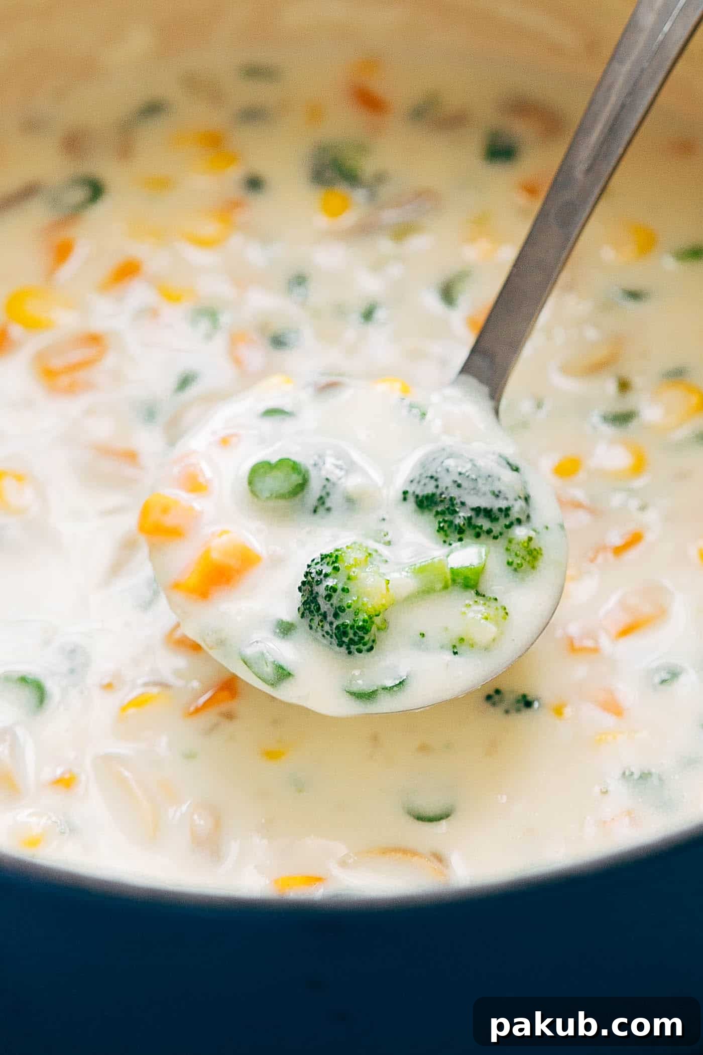 Velvety Garden Vegetable Soup 3 Homemade Creamy Vegetable Soup served in a rustic bowl, showcasing its rich texture and colorful array of vegetables. A true comfort food without any added cream.