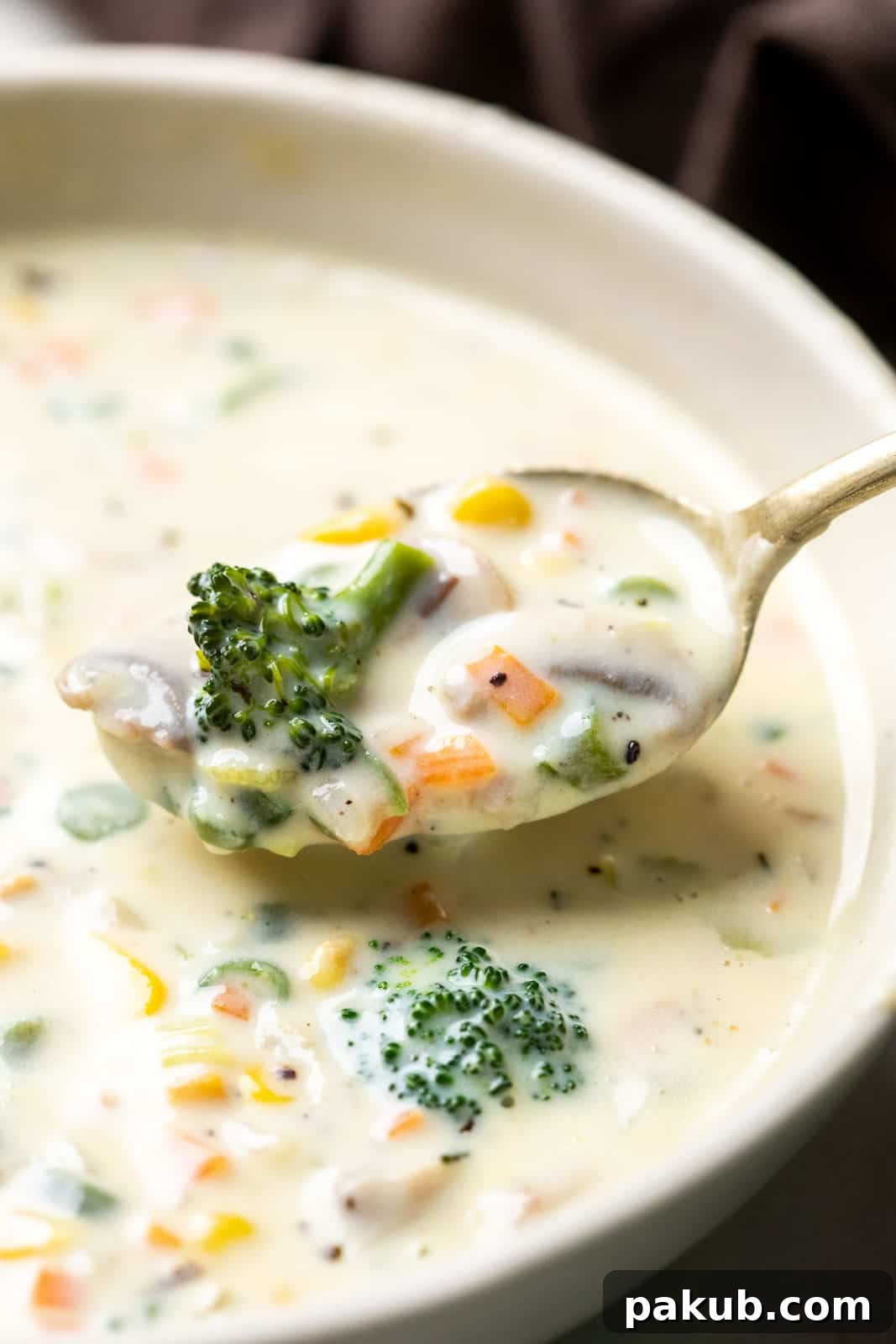 Velvety Garden Vegetable Soup 4 A close-up shot of a spoon lifting creamy vegetable soup from a bowl, highlighting the rich texture and visible pieces of vibrant vegetables.