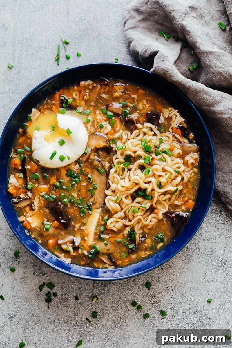 Hot and Sour Ramen Remix 3 A bowl of chinese hot and sour soup with ramen served with a soft boiled egg and green onions ready to eat!