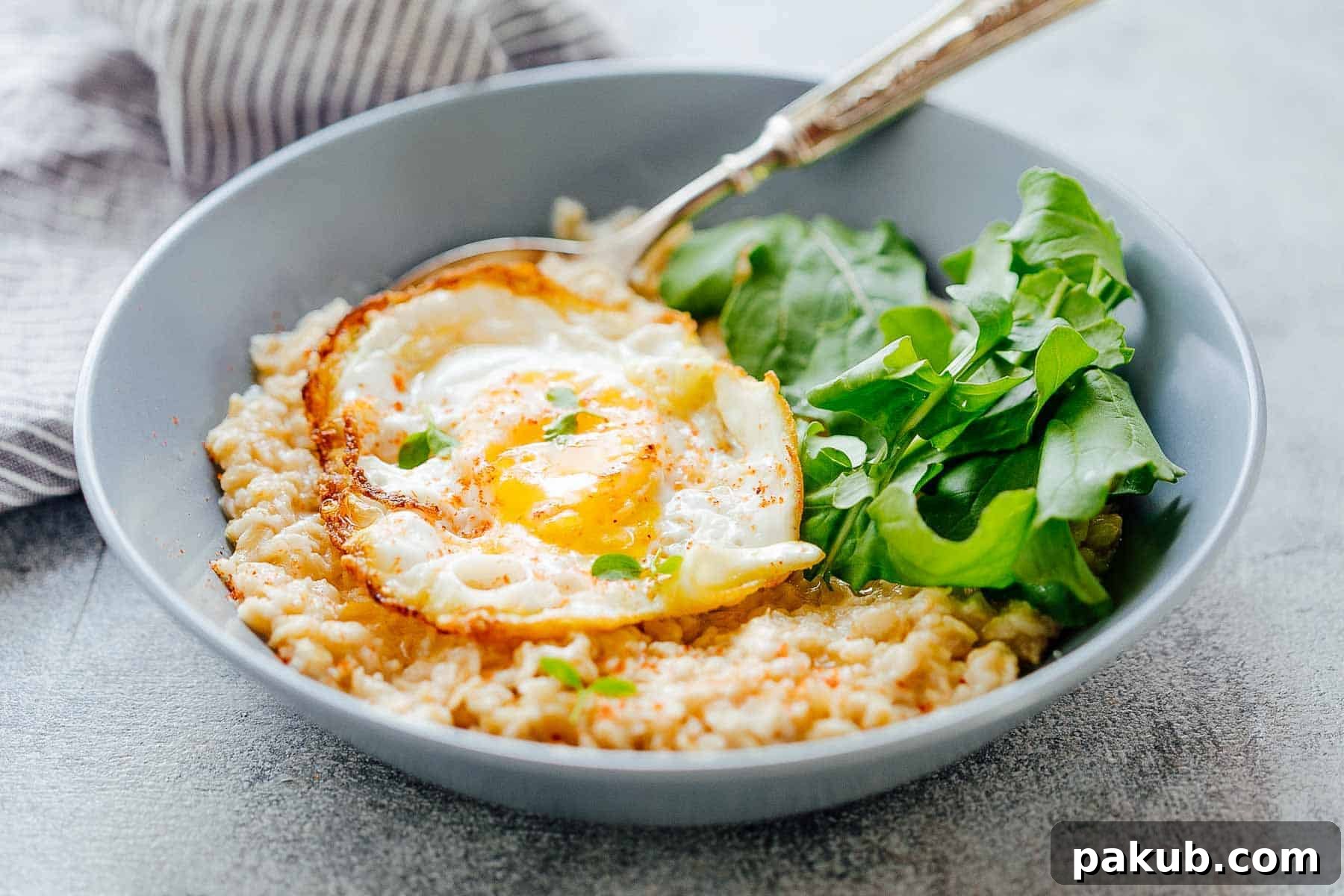 Denver Breakfast Bake 8 A bowl of savory garlic oats topped with a perfectly fried masala egg, garnished with fresh herbs, ideal for a hearty and healthy breakfast