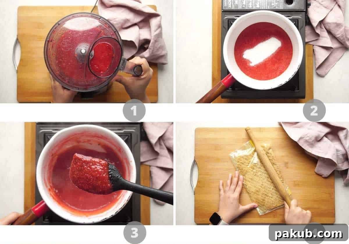 No Fuss Strawberry Cheesecake Jars 4 A collage of three step-by-step images showing the preparation of strawberry puree: hulling strawberries, blending them into a smooth puree, and simmering the puree in a saucepan.