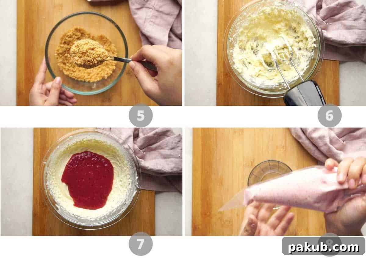 No Fuss Strawberry Cheesecake Jars 5 A collage of three images illustrating the crust and cream mixture preparation: mixing biscuit crumbs with melted butter, beating cream cheese and sugar, and adding heavy cream to the mixture.