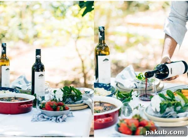 Effortless Pressure Cooker Beef Bourguignon 3 A romantic al fresco dining scene featuring Pressure Cooker Beef Bourguignon served with a glass of red wine, set against a charming garden backdrop.