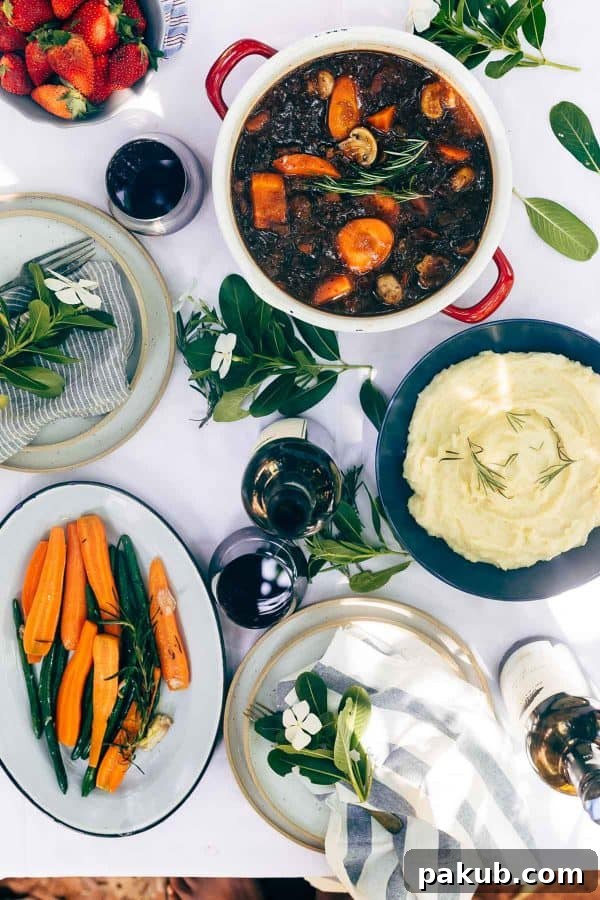 Effortless Pressure Cooker Beef Bourguignon 4 A hearty serving of Pressure Cooker Beef Bourguignon, showcasing tender beef and vegetables in a rich sauce, perfectly plated for a comforting meal.