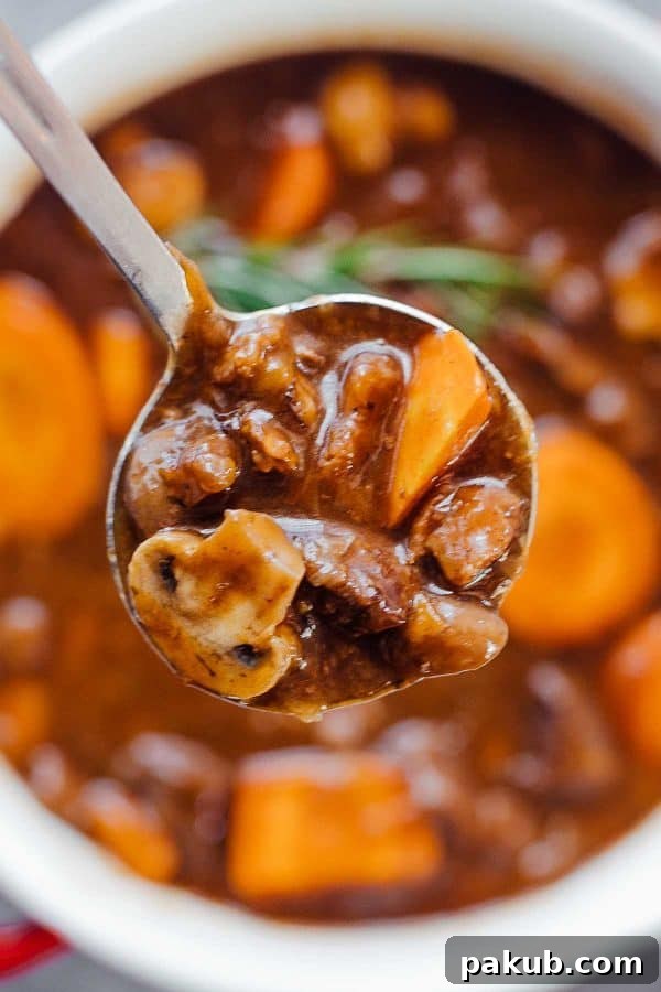 Effortless Pressure Cooker Beef Bourguignon 5 A spoonful of rich Pressure Cooker Beef Bourguignon, highlighting the tender beef chunks, glistening sauce, and savory vegetables.