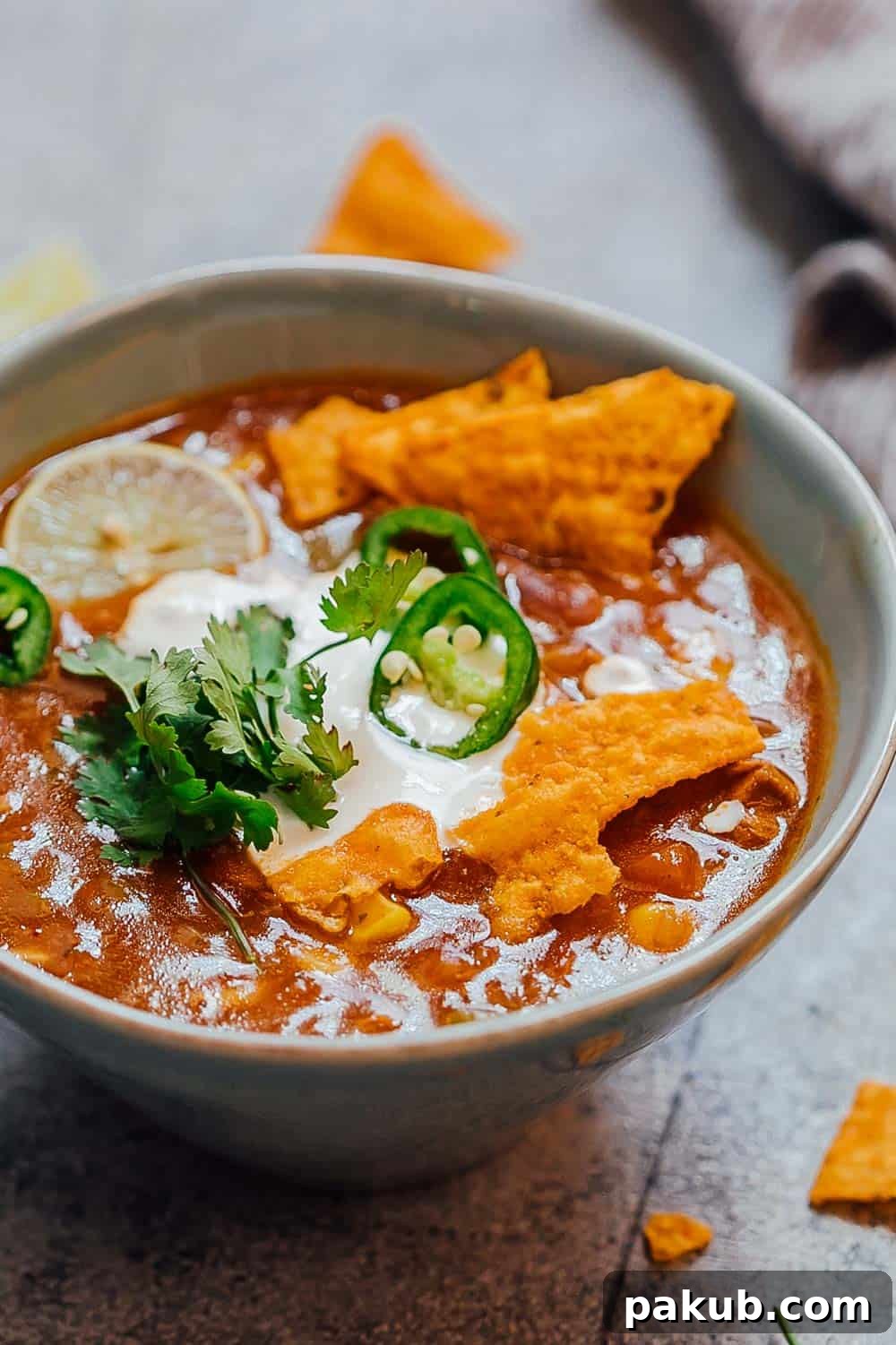 A comforting Instant Pot Chicken Enchilada Soup recipe, thick and spicy, packed with bell peppers, beans, corn, and tender chicken, finished with sour cream and cilantro for pure deliciousness. Close-up shot of a bowl of rich Chicken Enchilada Soup, freshly made in the Instant Pot. It's garnished with a generous swirl of sour cream, vibrant green cilantro, thin slices of jalapeño, crunchy tortilla chips, and a bright lime wedge, highlighting the inviting textures and colors.