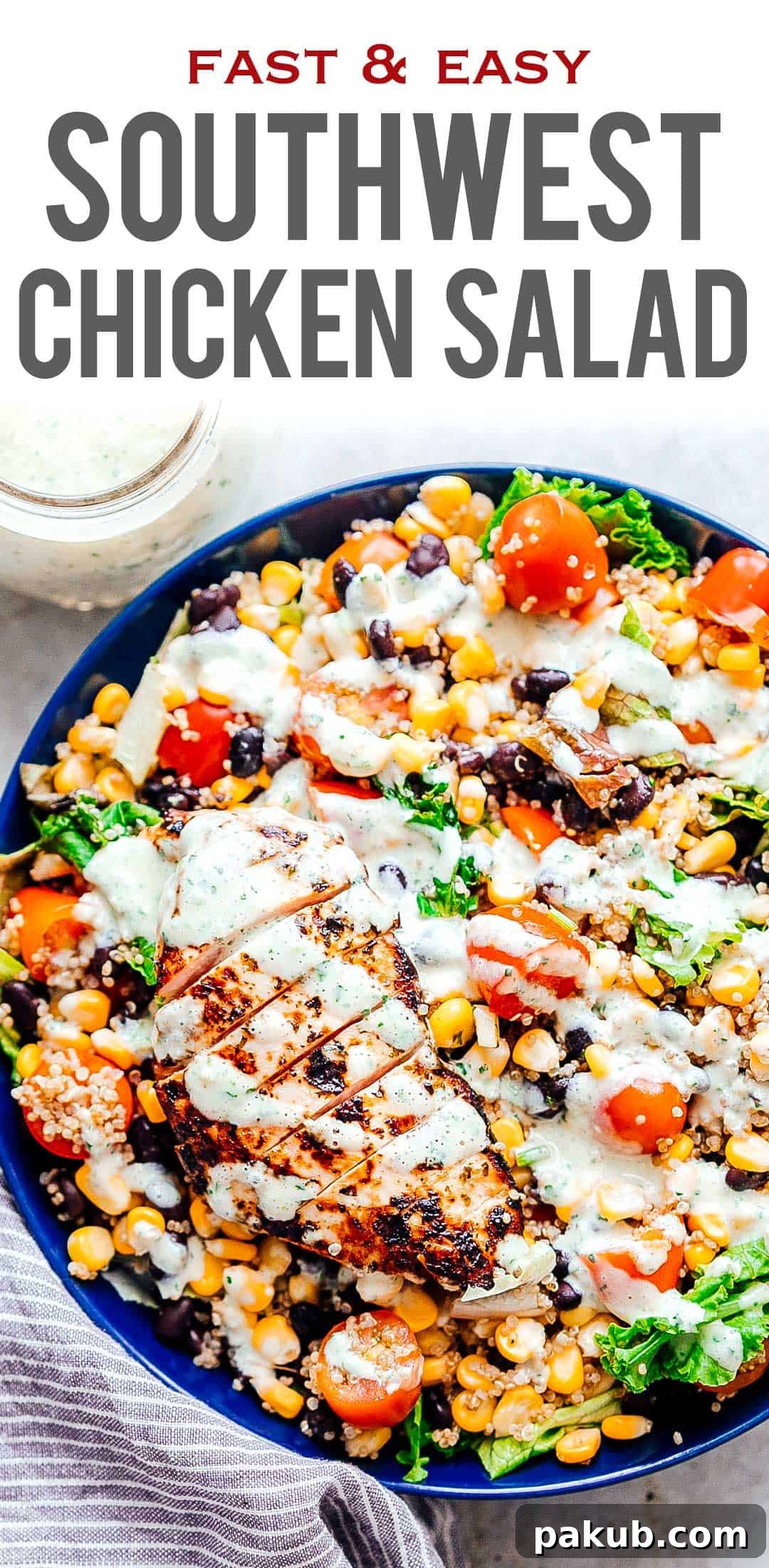 Collage of Southwest Chicken Quinoa Bean Salad with text overlay for Pinterest.