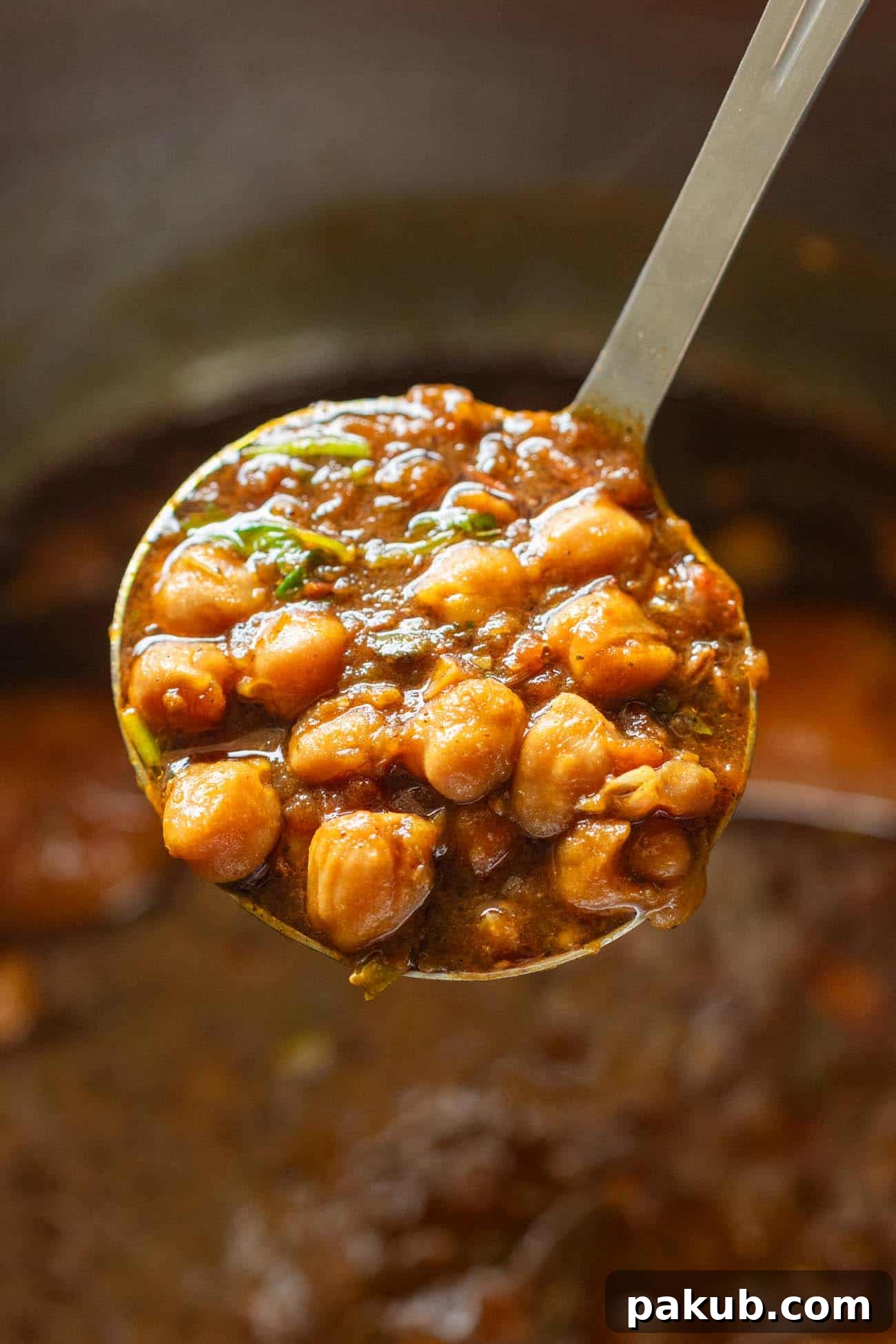 image of a ladle full of chana masala
